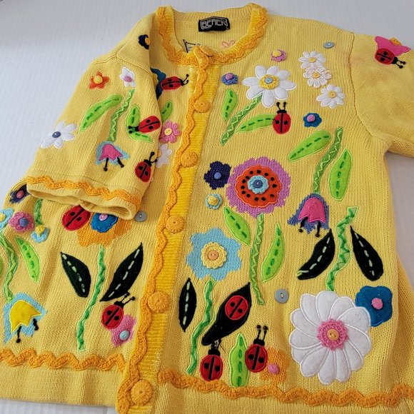 Berek by Takako Sakon Vintage Knit Yellow Crochet Garden Lady Bug Flower Top L - Picture 5 of 16
